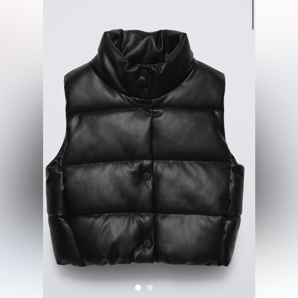 Zara Black Quilted Faux-Leather Puffer Vest